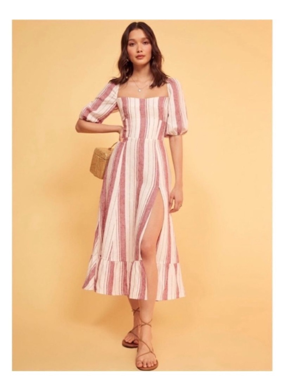Reformation Red White Striped Linen Puff Sleeve Midi Dress - Size 0